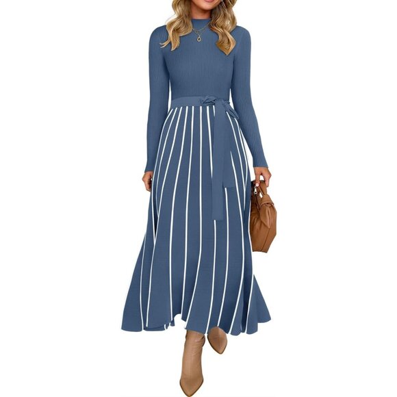 Dresses & Skirts - Women's Dusty Blue Tie Waist Casual Ribbed Knit Long Sleeve Sweater Midi Dress